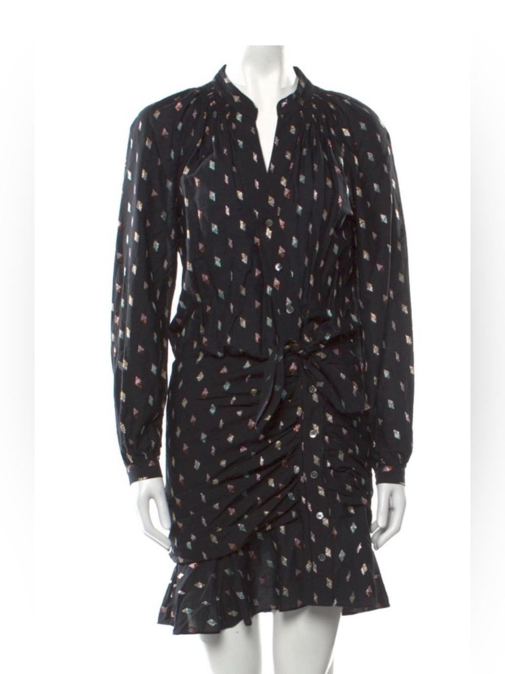 Veronica Beard Black Long-Sleeve Ruched Tie-Waist Print Dress